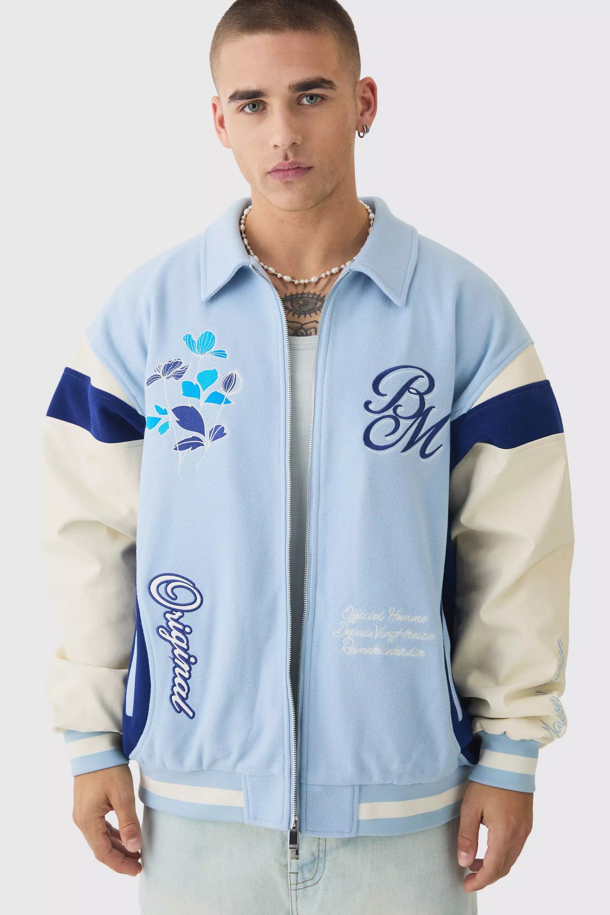Oversized Floral Badge Collared Varsity Jacket In Light Blue